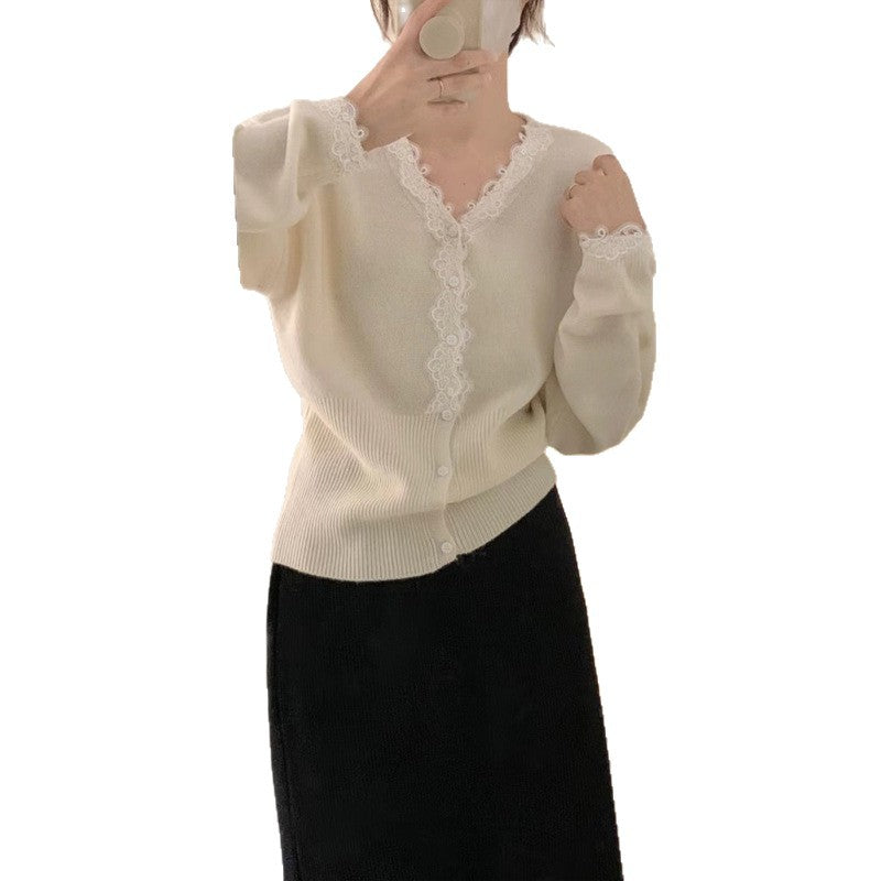 Lace Trim V-Neck Long Sleeve Knit Cardigan for Women, Versatile and Elegant Sweater Top