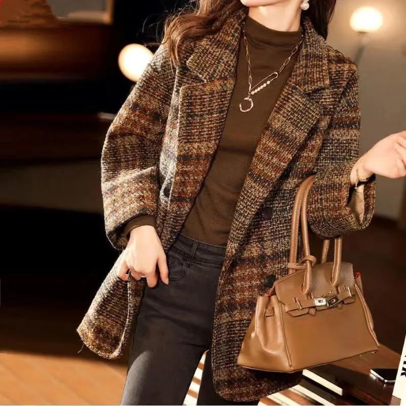 Plaid Wool Coat for Women, Petite Size, British Style Trench Coat