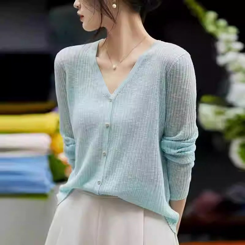 Fashion V-Neck Long Sleeve Lightweight Air Conditioning Sun Protection Ice Silk Knit Cardigan for Women, Simple and Versatile