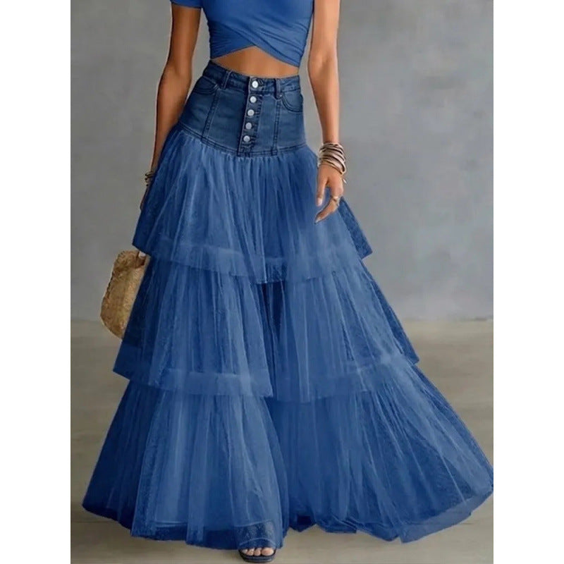 Cowboy patchwork mesh large swing skirt