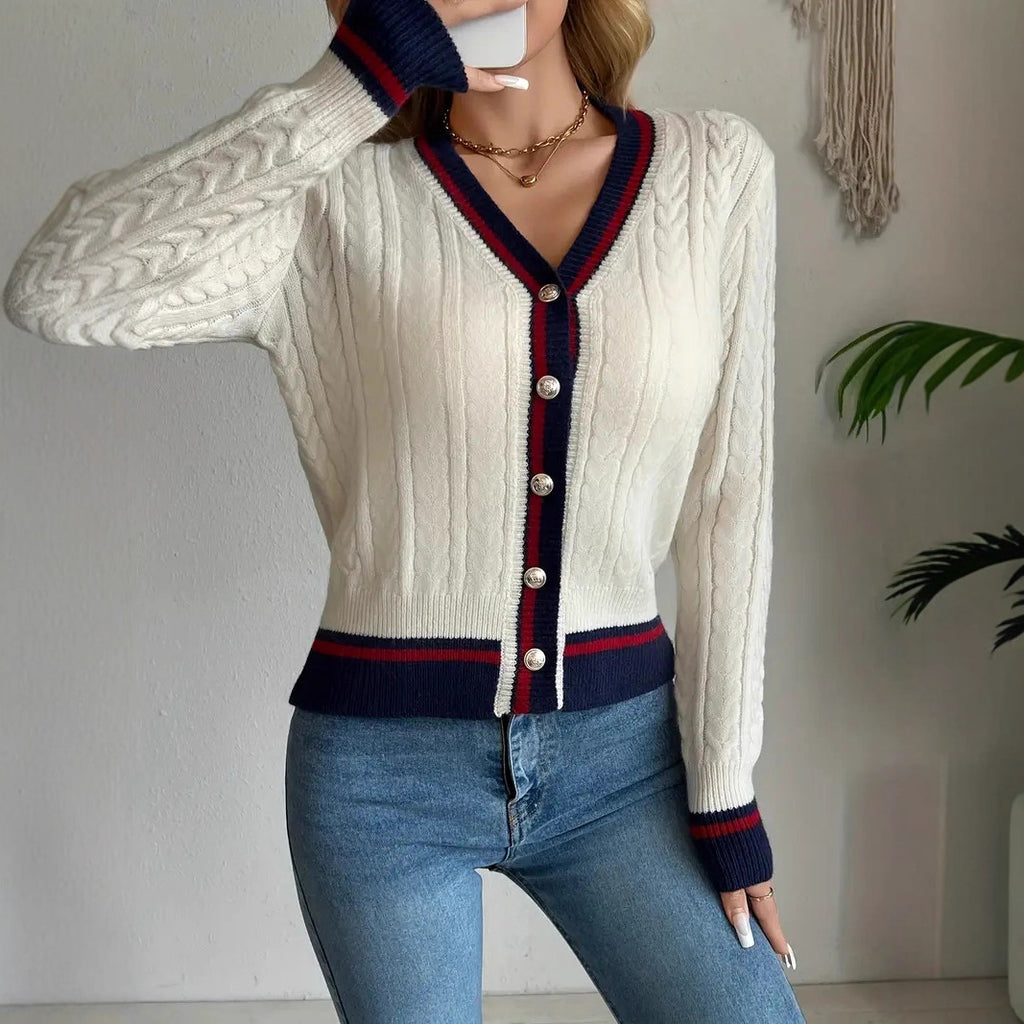 Autumn/Winter Women's V-Neck Color-Block  Button Knit Cardigan Elegant Knit Sweater