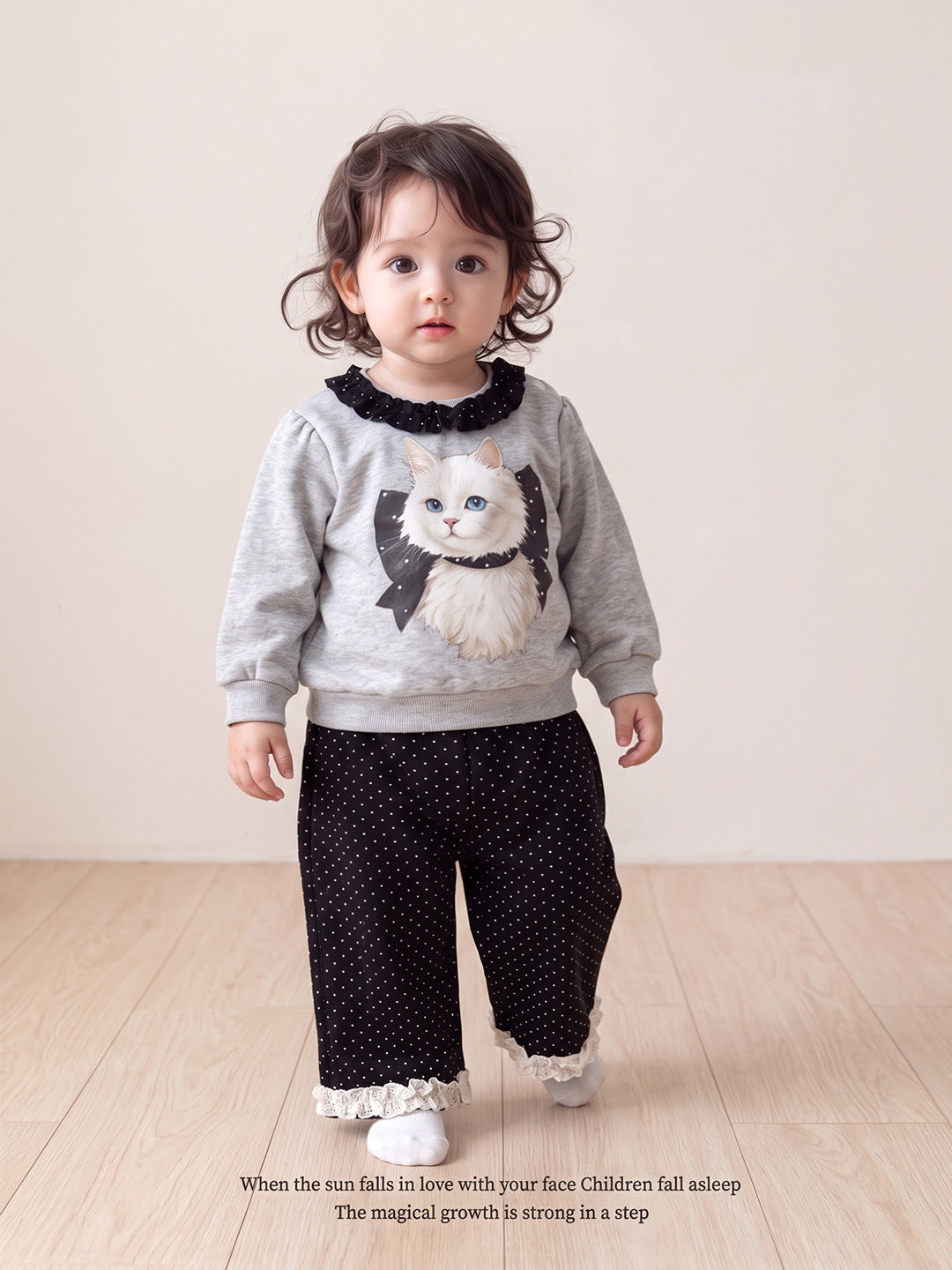 Toddler Cat Collar Sweatshirt & Polka Dot Wide Leg Pants – 2-Piece Set