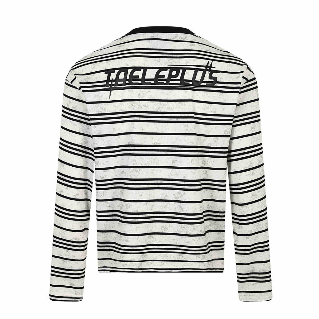 Distressed Black and White Striped Slogan Embroidered Loose Long Sleeve T-Shirt