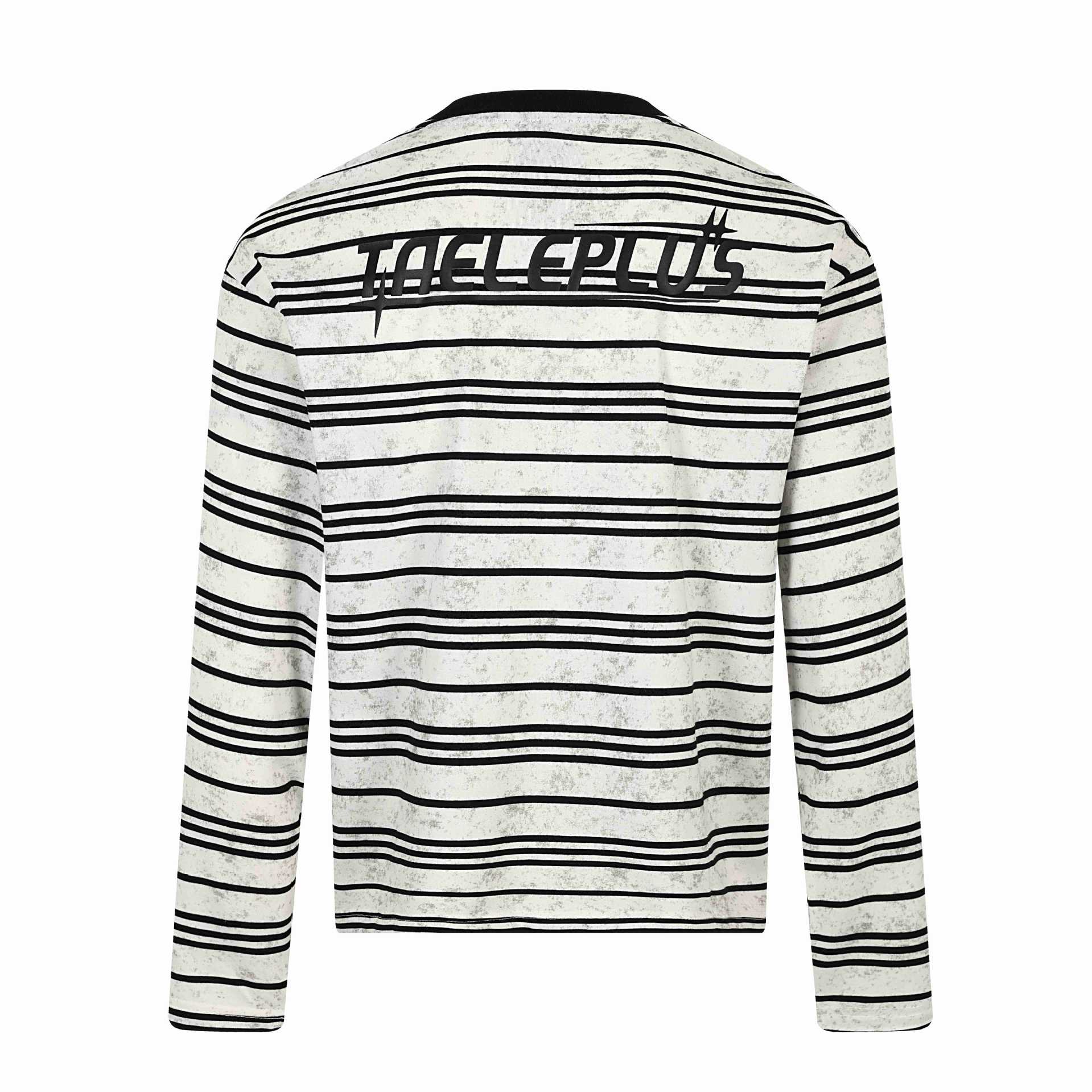 Distressed Black and White Striped Slogan Embroidered Loose Long Sleeve T-Shirt
