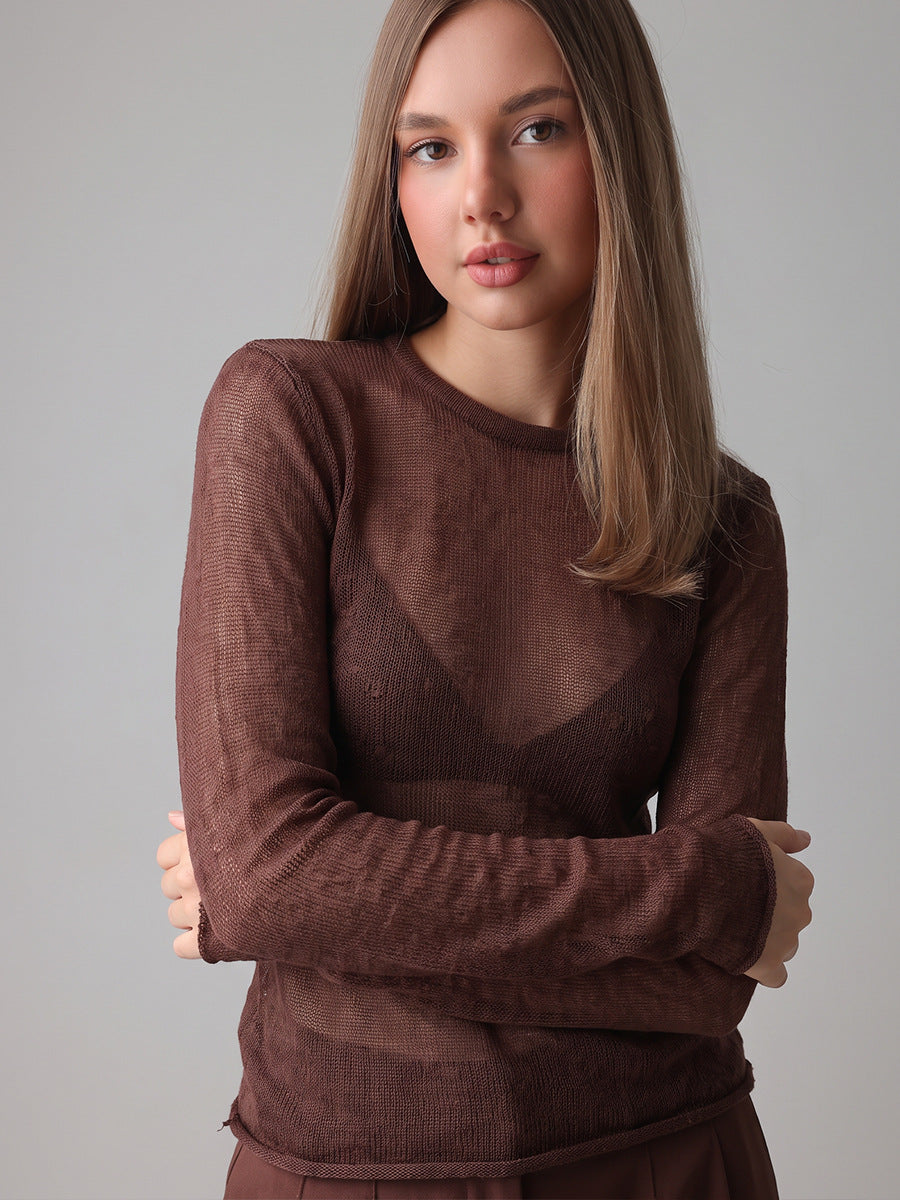 Round Neck Lightweight Knit Sweater Women's Long Sleeve Sheer Candy Color Fashion Top