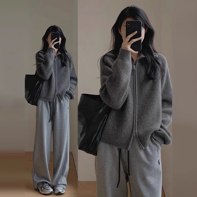 Vintage Gray Lapel Knit Cardigan Coat for Women, Spring and Autumn, Loose Bohemian Style, Wearable Double Zipper High Neck