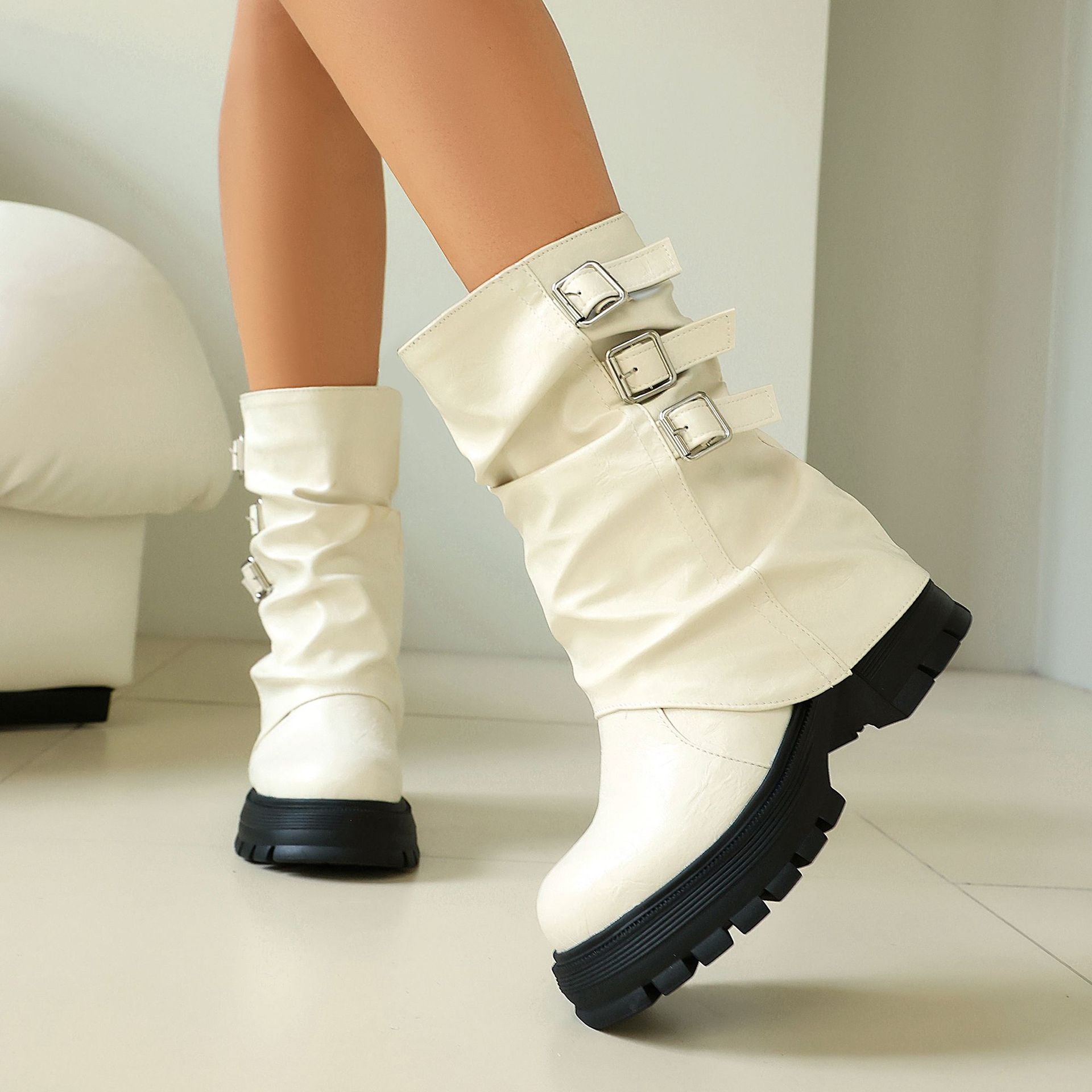 Brown Buckle Chunky Boots