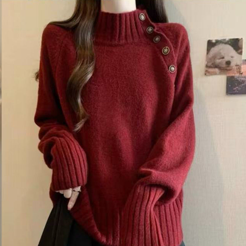 Semi-High Neck Sweater Women Spring Autumn Loose Plus Size Lazy Style Knit Top Underwear Shirt