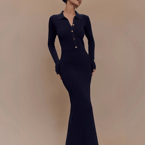 Autumn winter knitted dress women slim fit button comfortable elegant chic