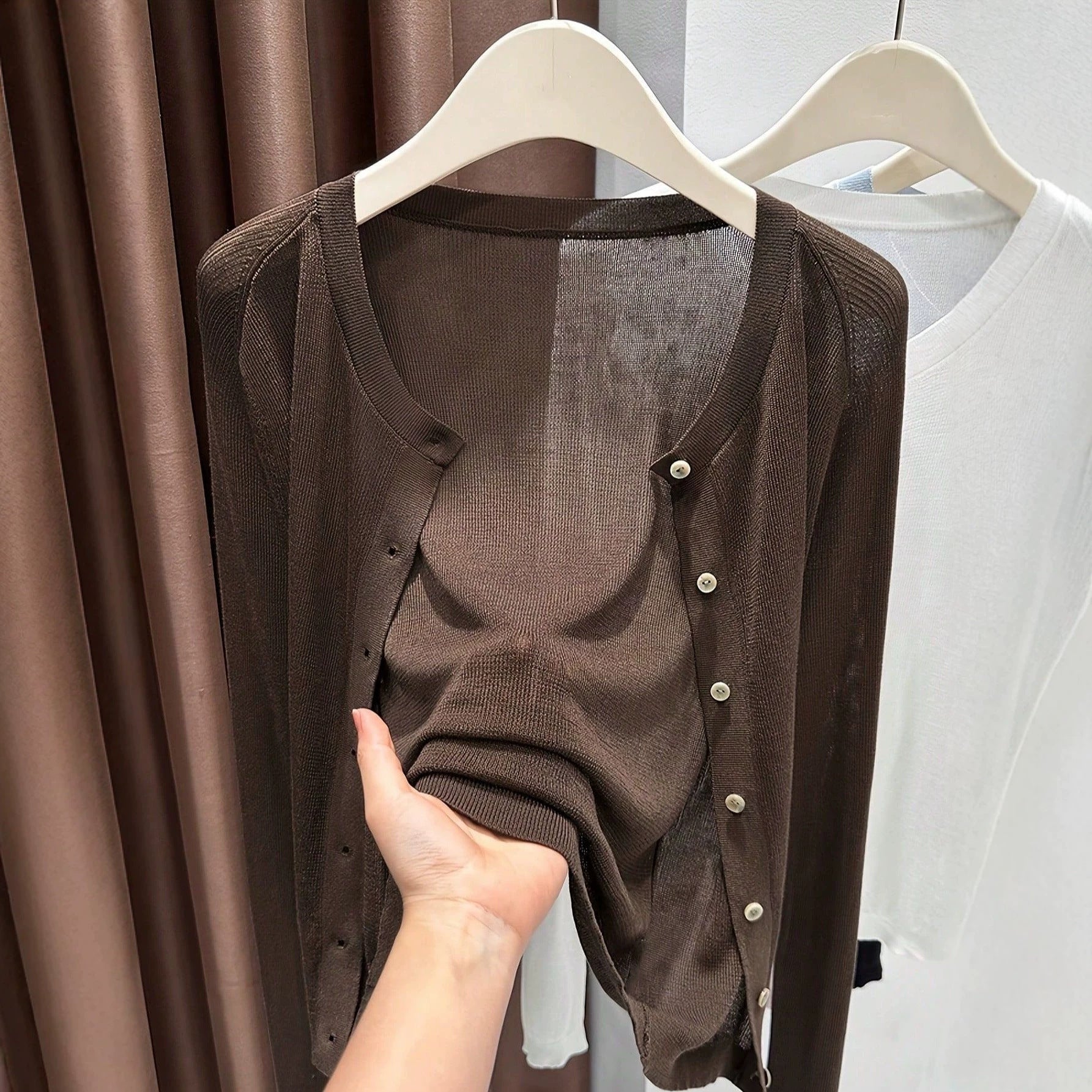 Spring Summer Women's Knit Cardigan Solid Color Round Neck Long Sleeve Lightweight Semi-Transparent Lyocell Tencel Cardigan