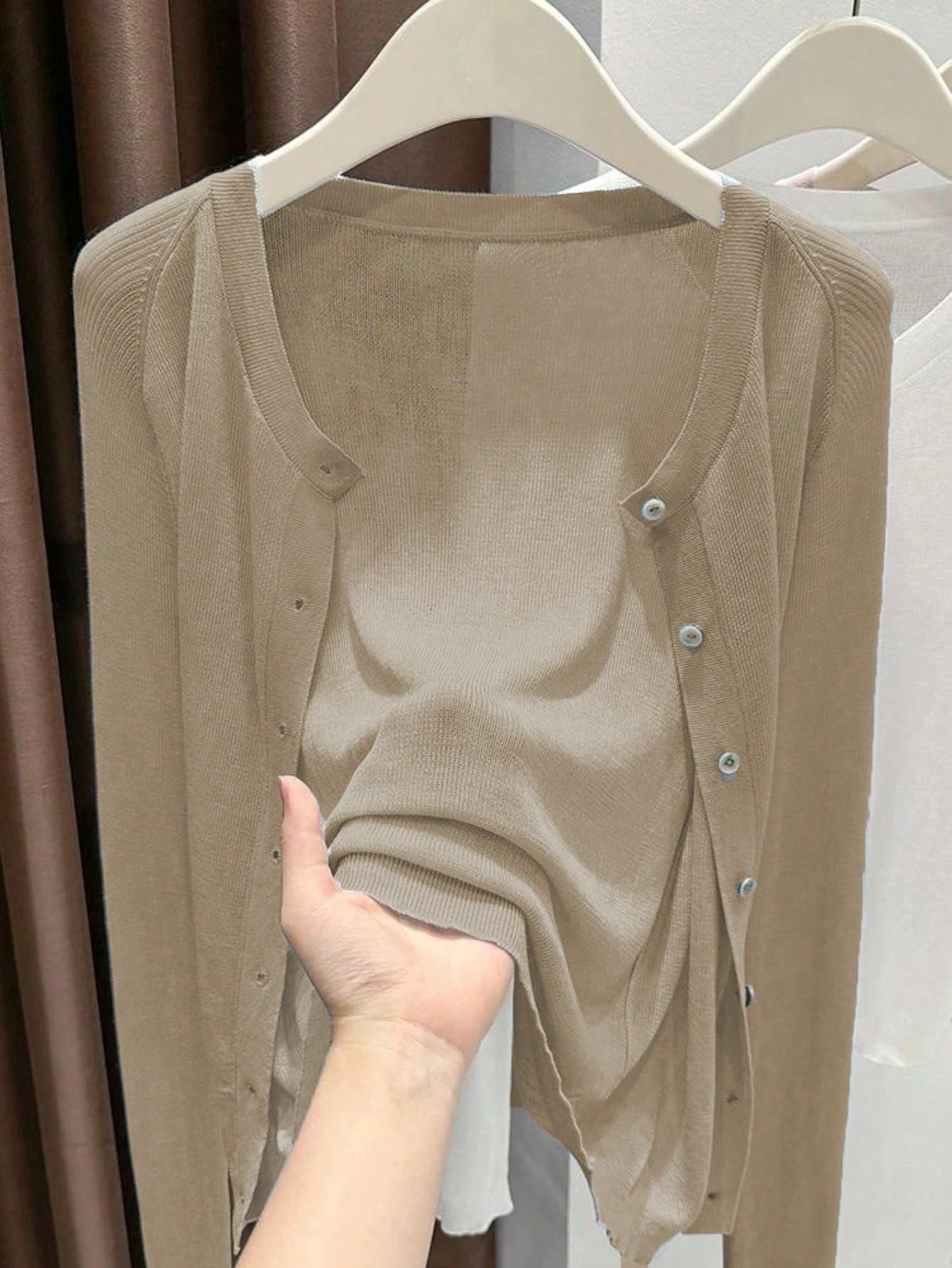 Spring Summer Women's Knit Cardigan Solid Color Round Neck Long Sleeve Lightweight Semi-Transparent Lyocell Tencel Cardigan