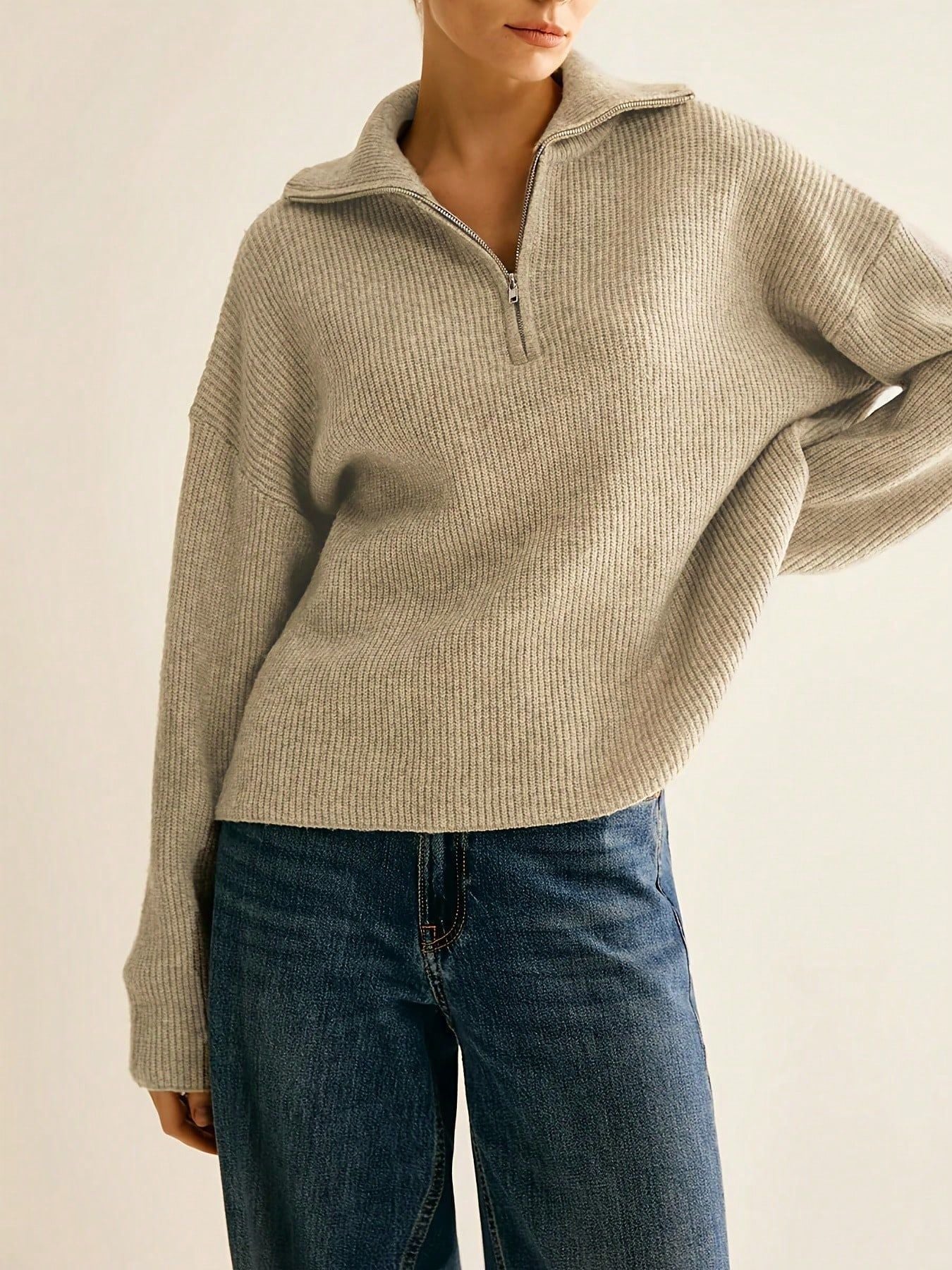 Elegant Casual Pullover for Women, Solid Color, Half-Zip Design with Lapel Collar