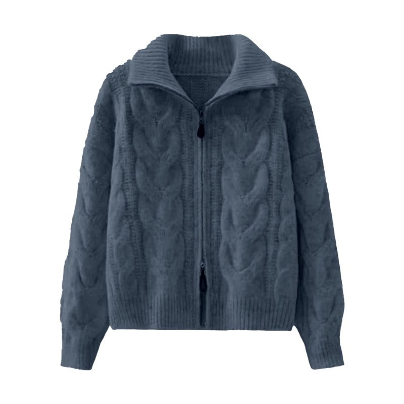Casual Loose High Neck Knit Sweater Women Thickened Double Zipper Design Cardigan Coat