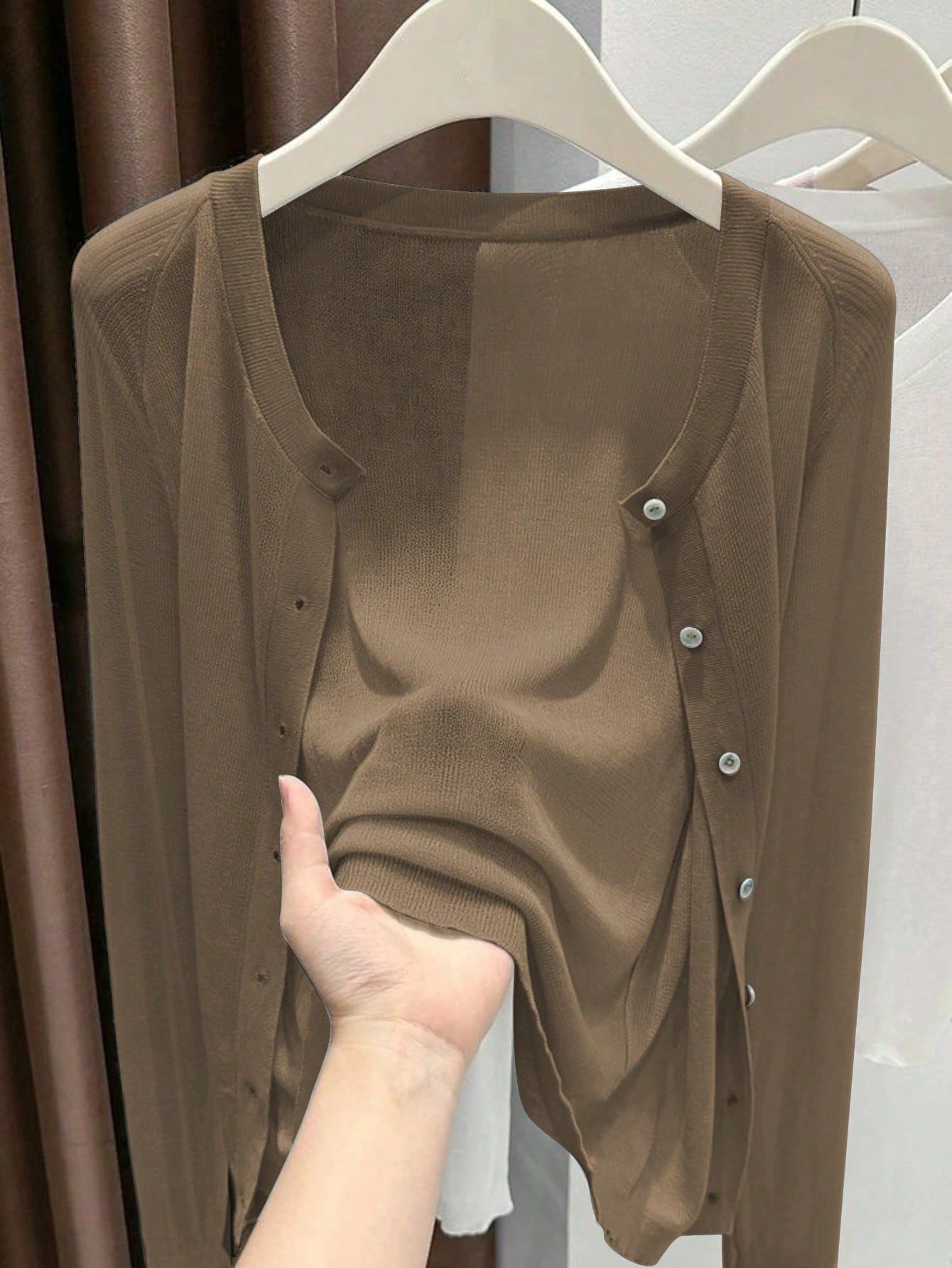 Spring Summer Women's Knit Cardigan Solid Color Round Neck Long Sleeve Lightweight Semi-Transparent Lyocell Tencel Cardigan