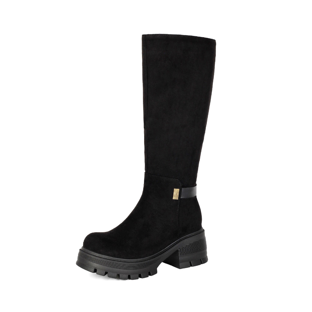 Black Knee-High Chunky Heel Boots