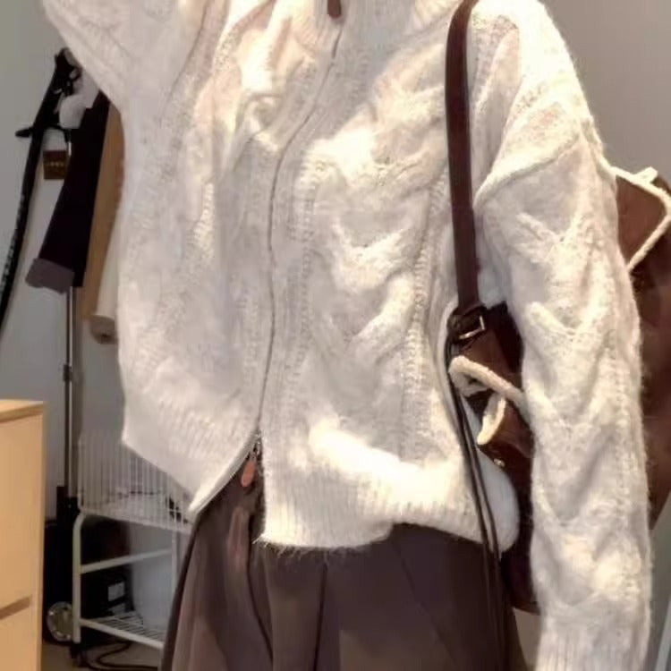 Casual Loose High Neck Knit Sweater Women Thickened Double Zipper Design Cardigan Coat
