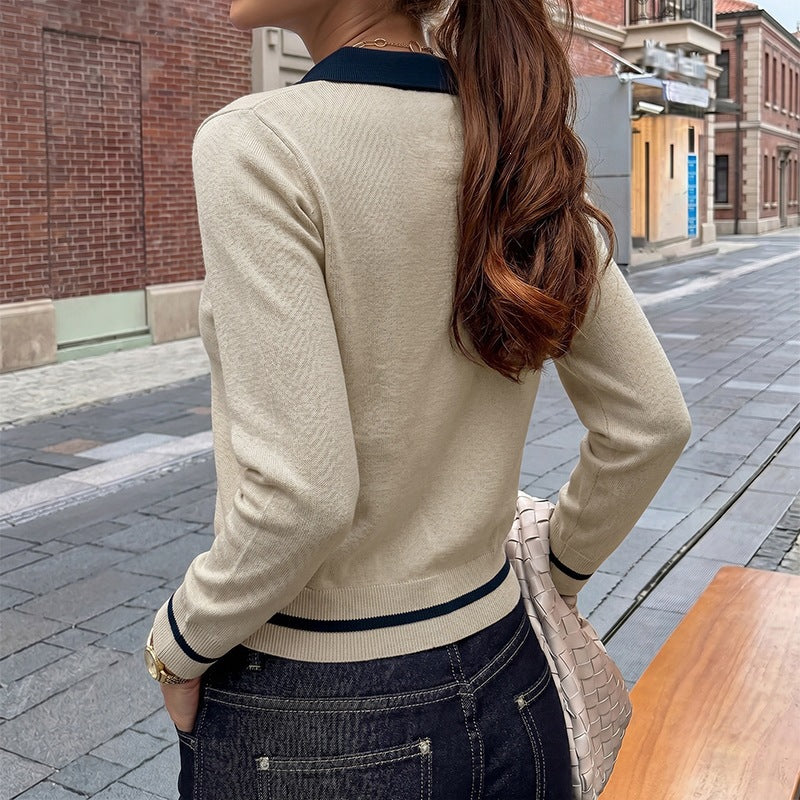 Polo collar half open collar contrasting color sweater for women