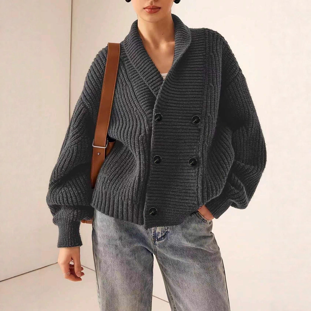 Elegant Casual Knit Cardigan with Loose Relaxed Stand-up Collar and Double-breasted Button Design