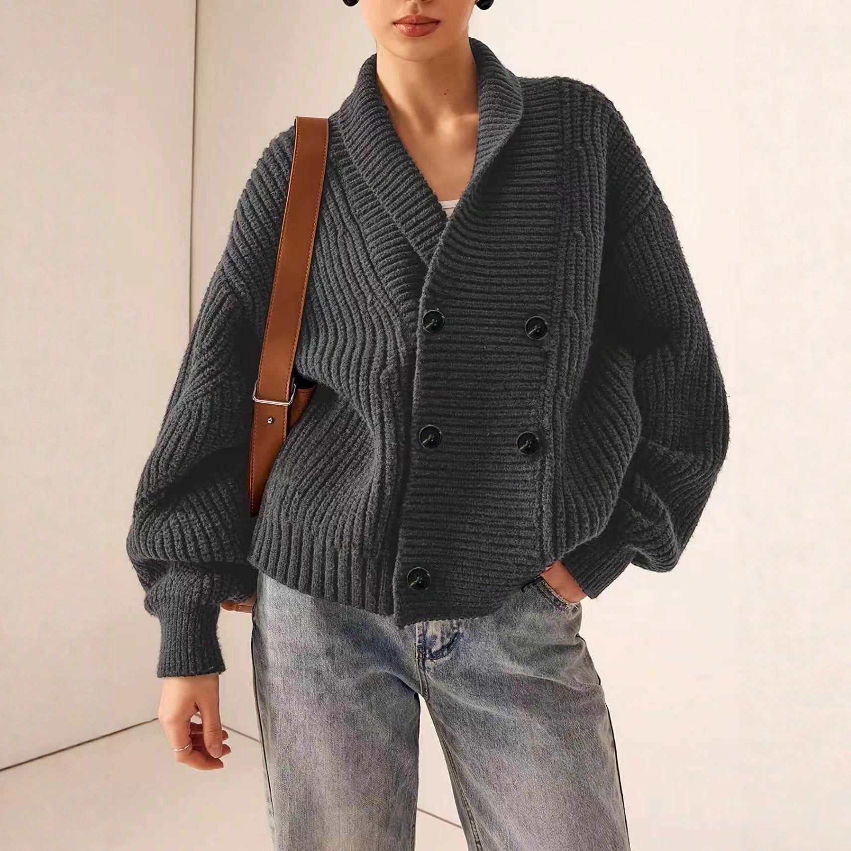 Elegant Casual Knit Cardigan with Loose Relaxed Stand-up Collar and Double-breasted Button Design