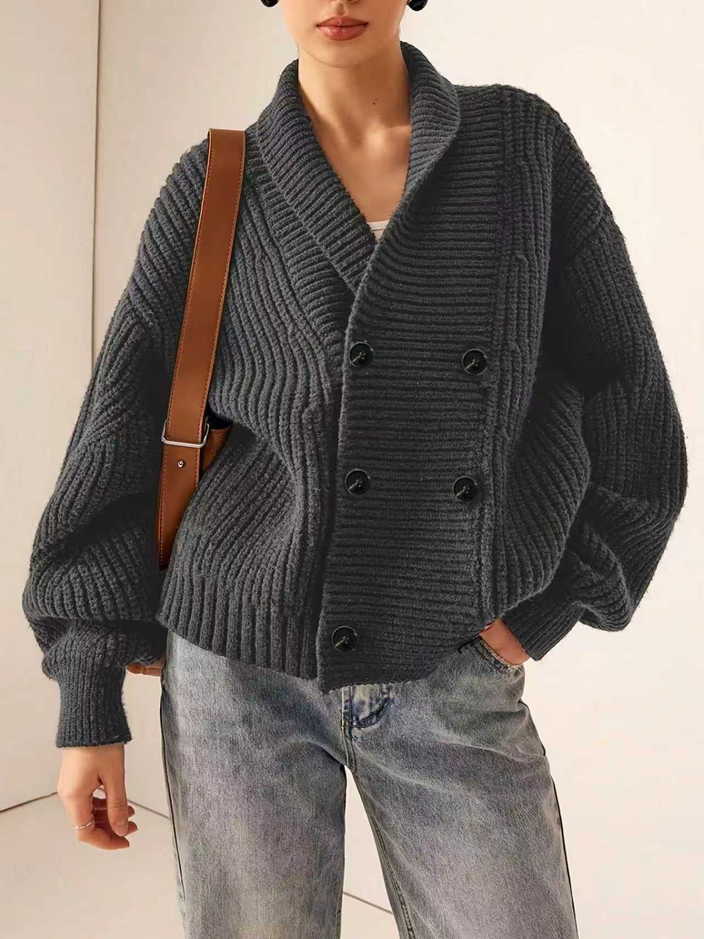 Elegant Casual Knit Cardigan with Loose Relaxed Stand-up Collar and Double-breasted Button Design