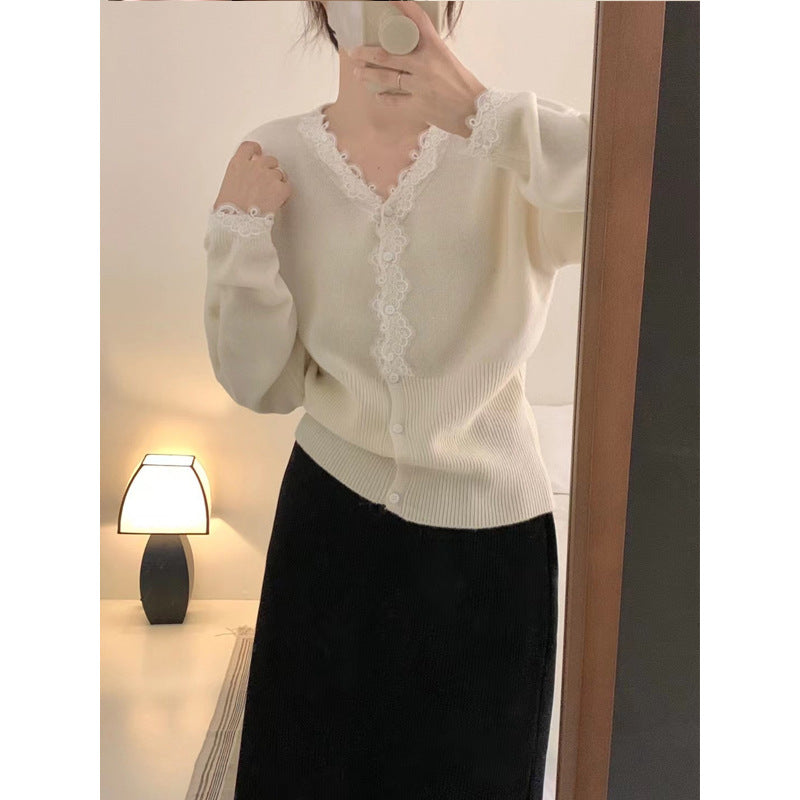 Lace Trim V-Neck Long Sleeve Knit Cardigan for Women, Versatile and Elegant Sweater Top