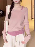 Chic Pink Knit Mock Two-Piece Long Sleeve T-Shirt for Women, Shoulder-Baring Top with Fashion Design