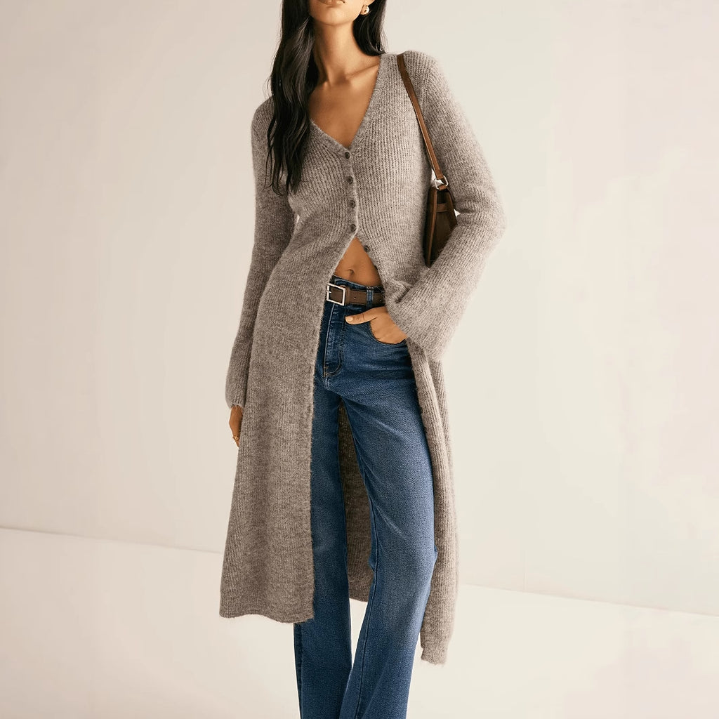 Vintage Elegant Long Sleeve Cardigan Knit Sweater Mid-Length Coat