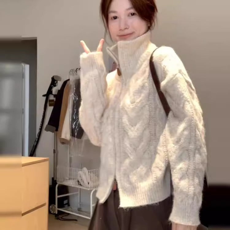 Casual Loose High Neck Knit Sweater Women Thickened Double Zipper Design Cardigan Coat