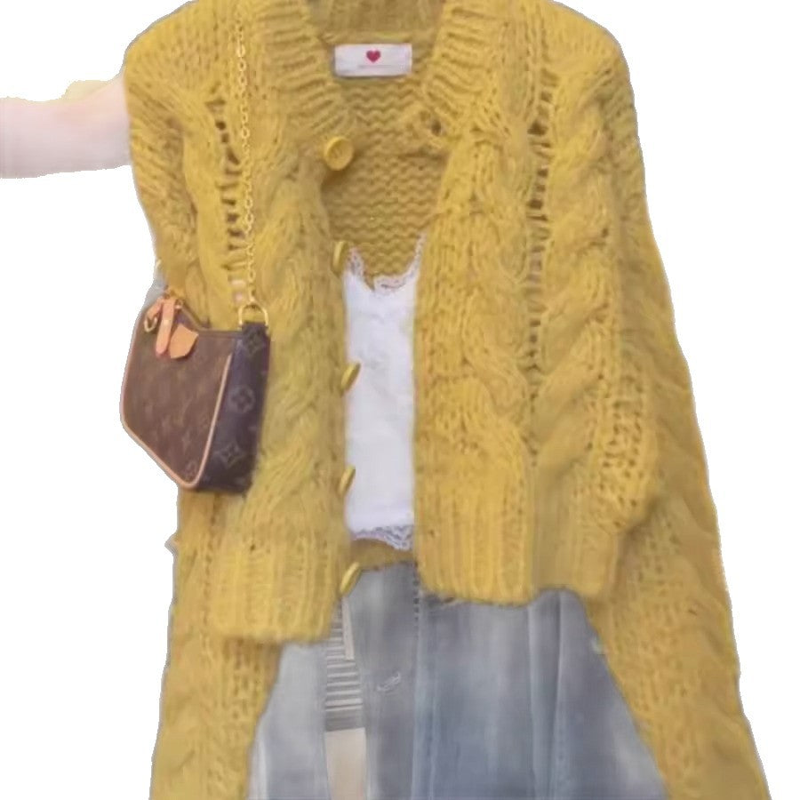 Laid-back Style Soft Knit Sweater, French Vintage Yellow Single-breasted Long Sleeve Sweater Coat for Women