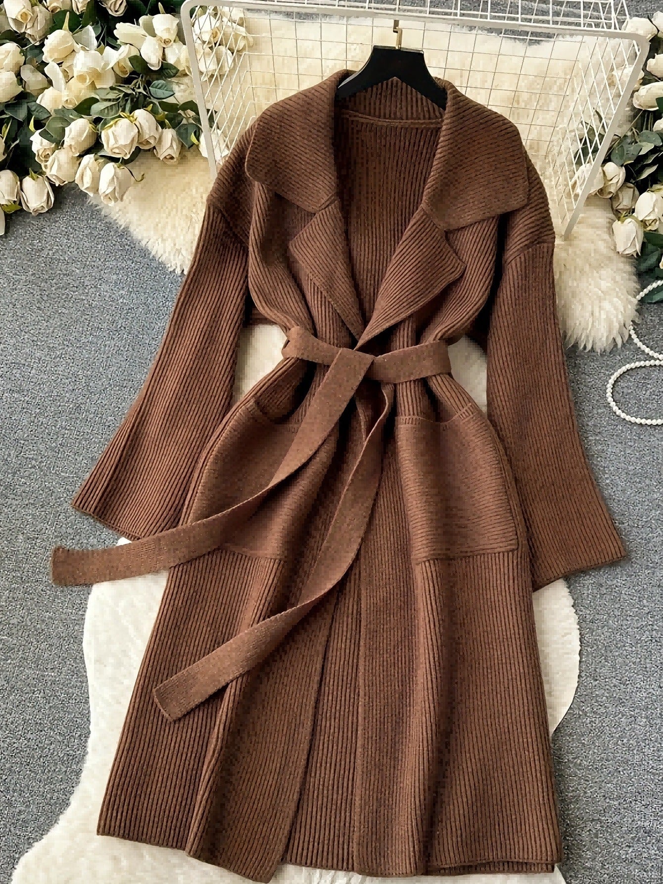 Elegant Minimalist Long Knit Cardigan Coat for Women, Fashionable Sweater Jacket