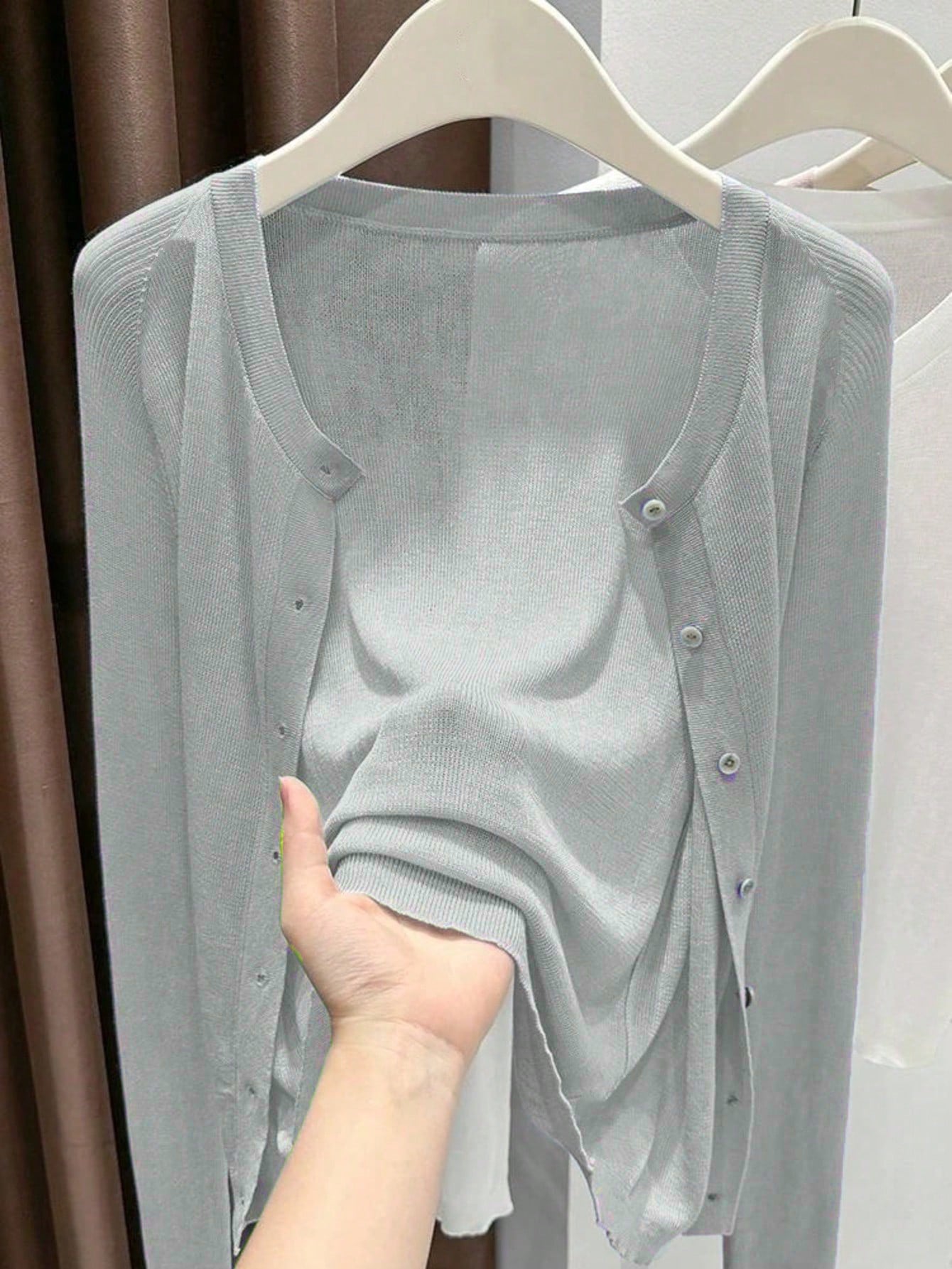 Spring Summer Women's Knit Cardigan Solid Color Round Neck Long Sleeve Lightweight Semi-Transparent Lyocell Tencel Cardigan