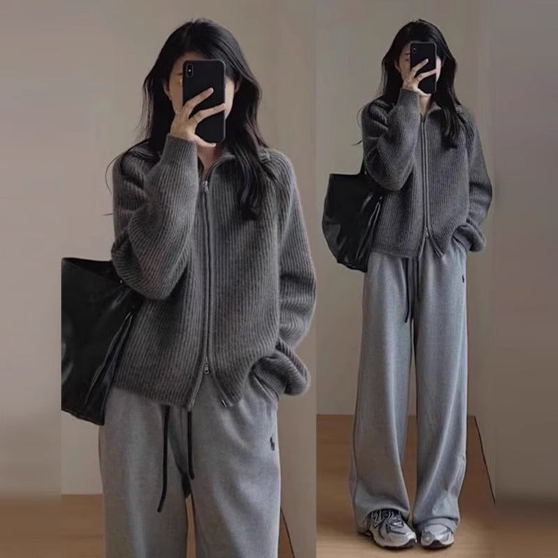 Vintage Gray Lapel Knit Cardigan Coat for Women, Spring and Autumn, Loose Bohemian Style, Wearable Double Zipper High Neck