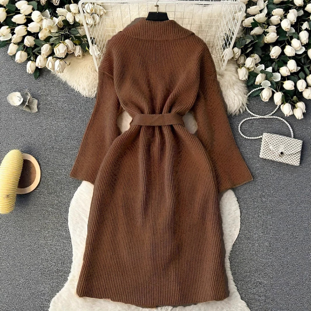 Elegant Minimalist Long Knit Cardigan Coat for Women, Fashionable Sweater Jacket