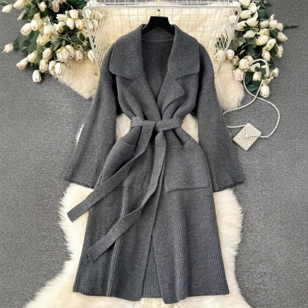 Elegant Minimalist Long Knit Cardigan Coat for Women, Fashionable Sweater Jacket