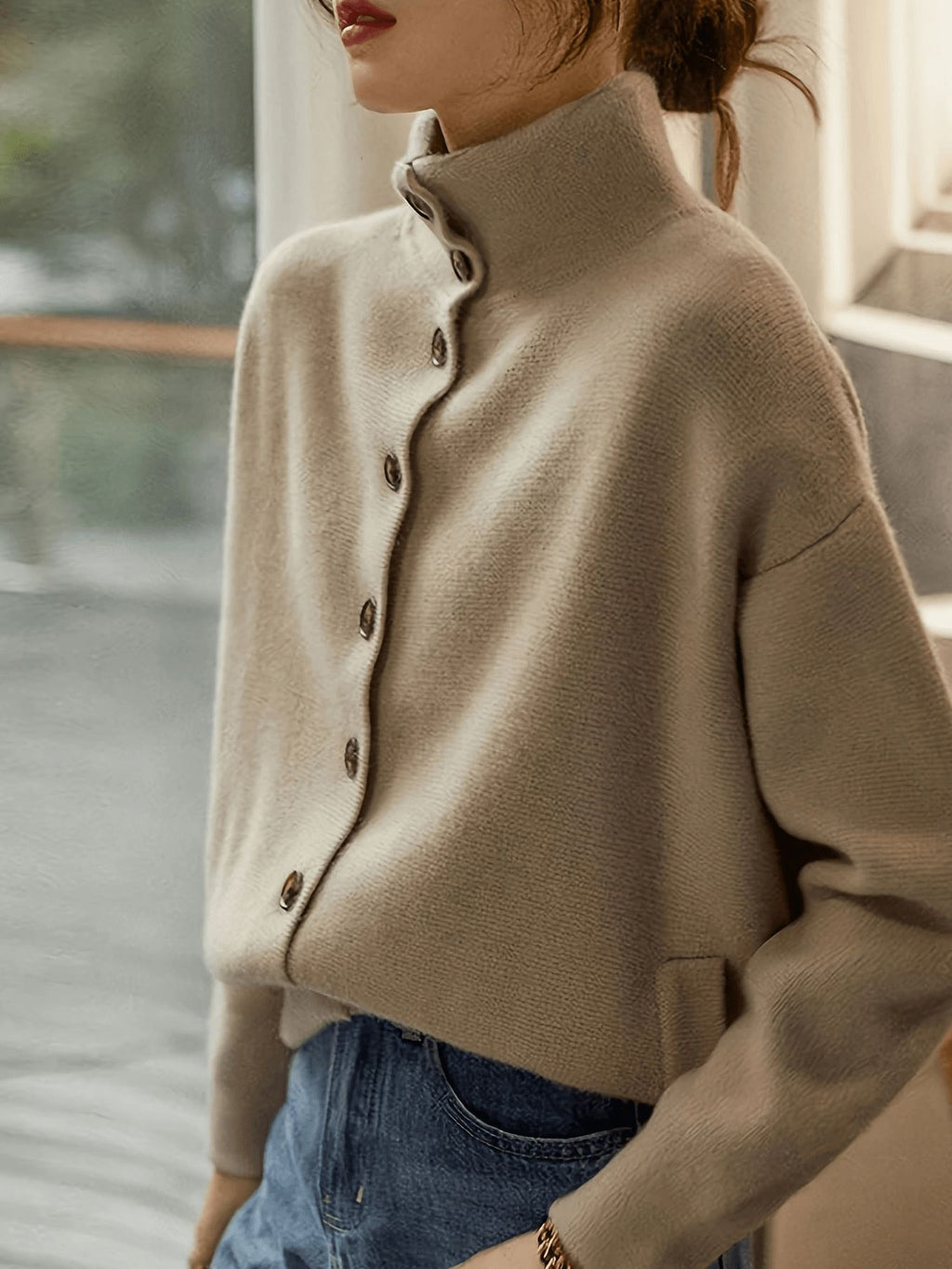 Autumn/Winter Women's Versatile Solid Color Casual Single-Button Stand Collar Long Sleeve Knit Cardigan, Elegant and Simple