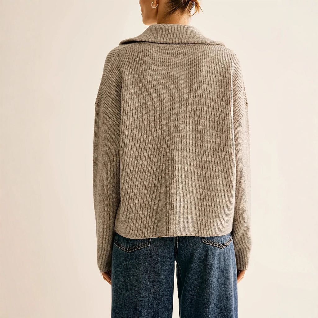 Elegant Casual Pullover for Women, Solid Color, Half-Zip Design with Lapel Collar