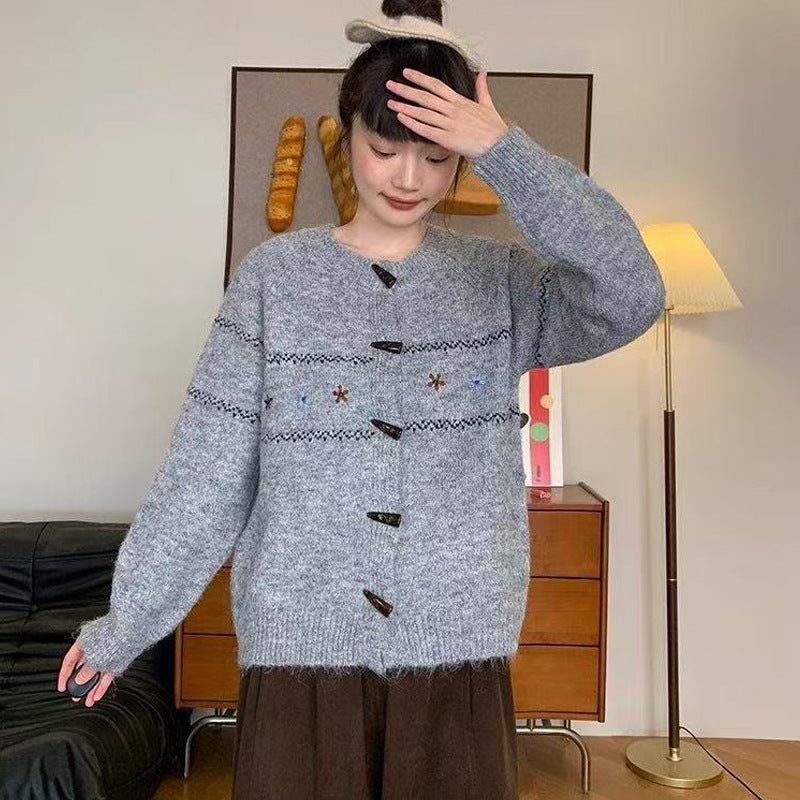 Soft Knit Sweater for Women with Horn Button and Embroidered Design Cozy and Comfortable, Retro Fashion, Spring and Autumn Wear
