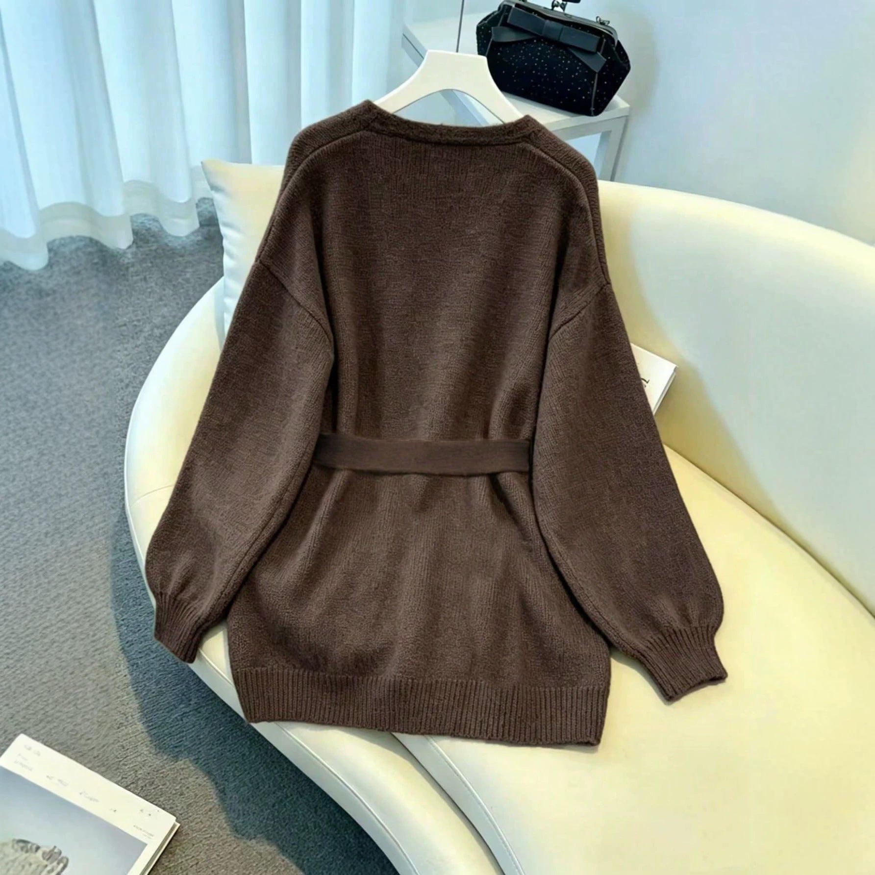 Elegant Casual Knitted Cardigan for Women, Loose Bohemian Style with Waist Tie, Autumn Winter Fashion