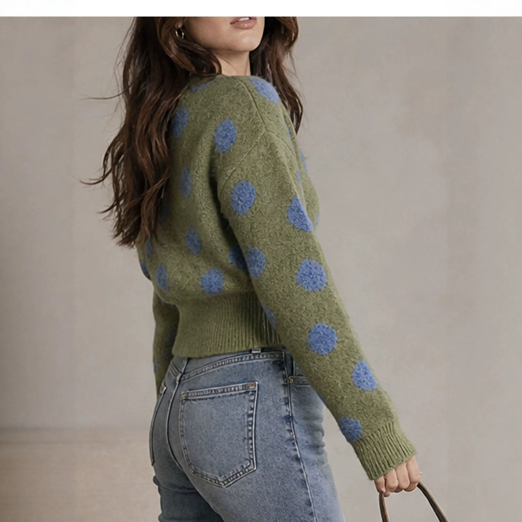 Vintage Round Neck Open Front Knit Sweater Women Autumn Winter New Green Polka Dot Single Buttoned Top Coat