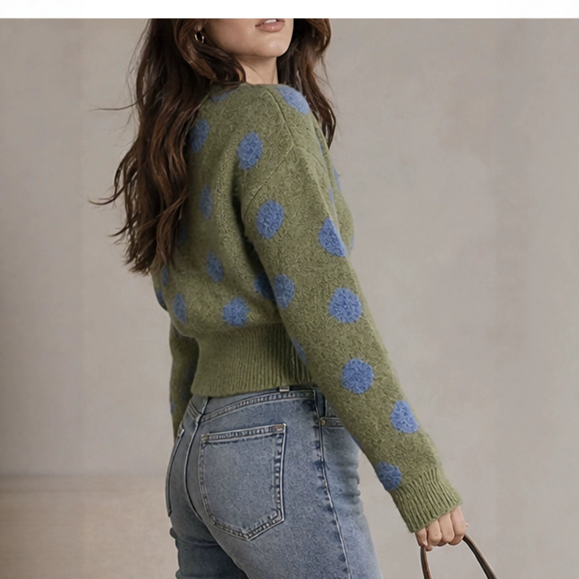 Vintage Round Neck Open Front Knit Sweater Women Autumn Winter New Green Polka Dot Single Buttoned Top Coat