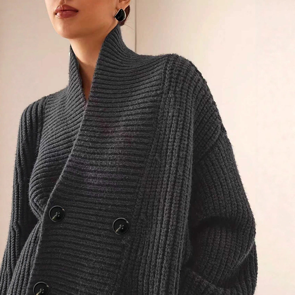 Elegant Casual Knit Cardigan with Loose Relaxed Stand-up Collar and Double-breasted Button Design