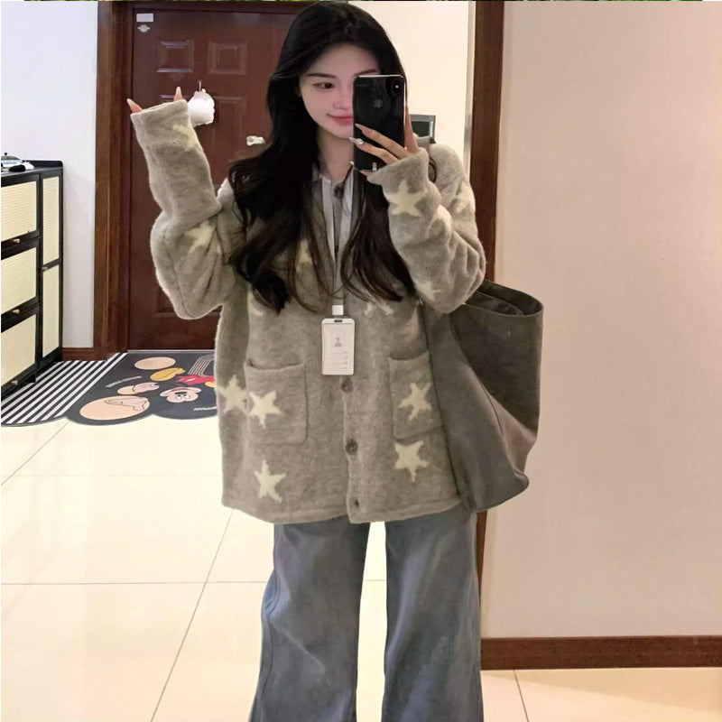 Gray Sweater Coat for Women Autumn Winter New Flip Collar Star Design Knit Cardigan Short Height Top
