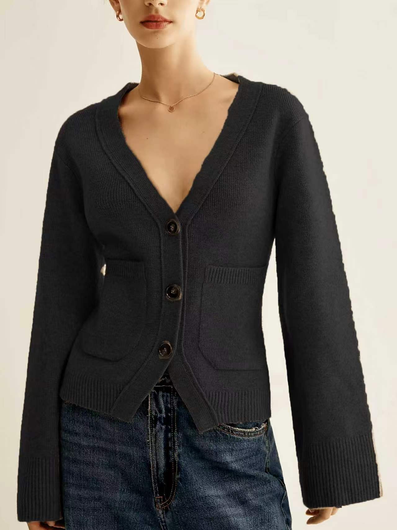 Elegant Casual Autumn/Winter Knit Cardigan Solid Color Front Button Simple Pocket Sweater Coat