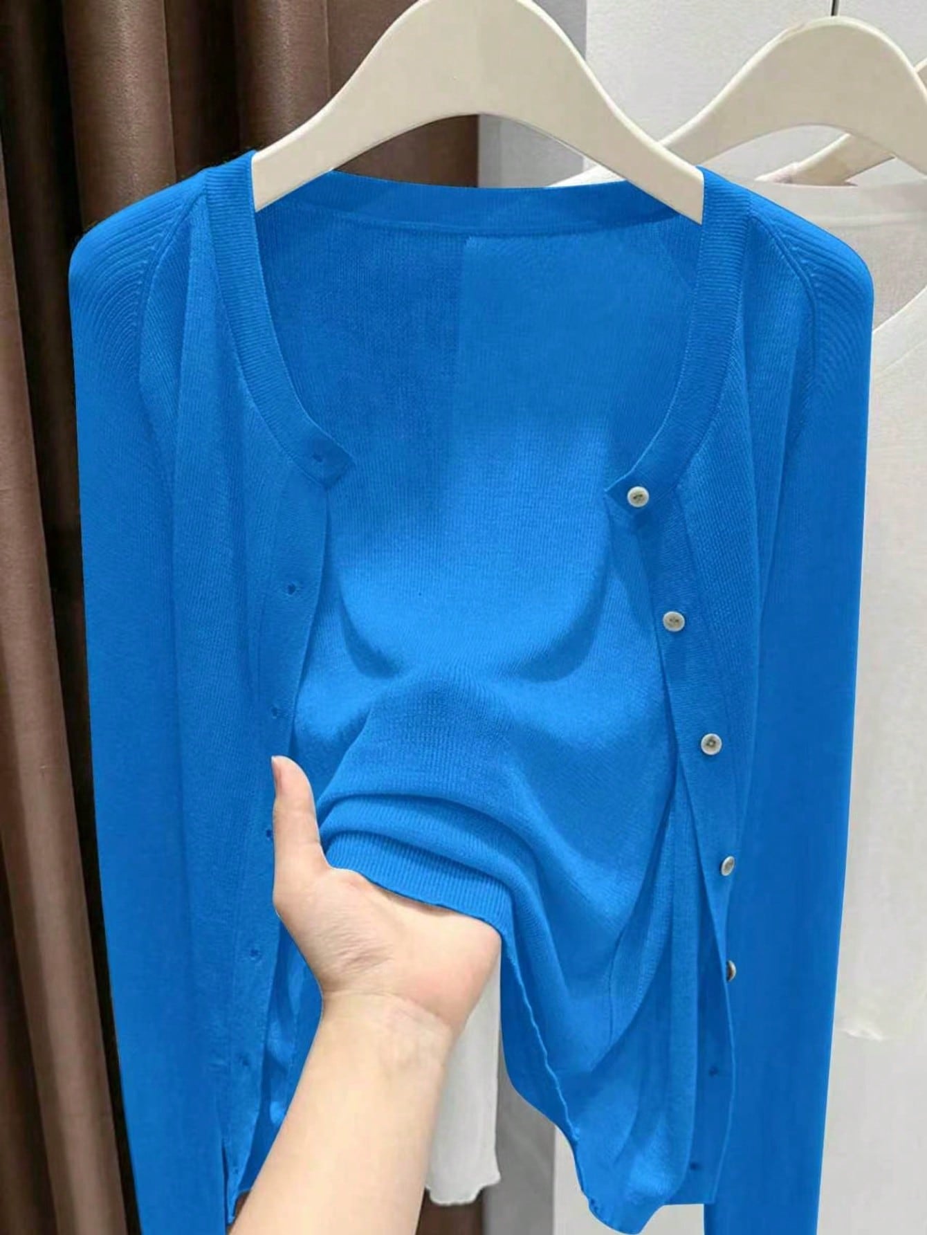 Spring Summer Women's Knit Cardigan Solid Color Round Neck Long Sleeve Lightweight Semi-Transparent Lyocell Tencel Cardigan