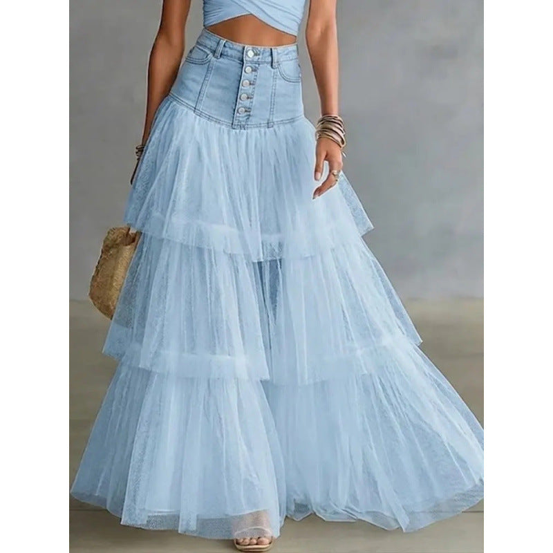 Cowboy patchwork mesh large swing skirt