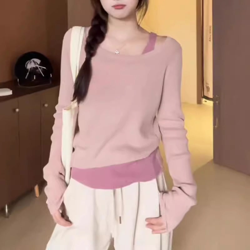 Chic Pink Knit Mock Two-Piece Long Sleeve T-Shirt for Women, Shoulder-Baring Top with Fashion Design