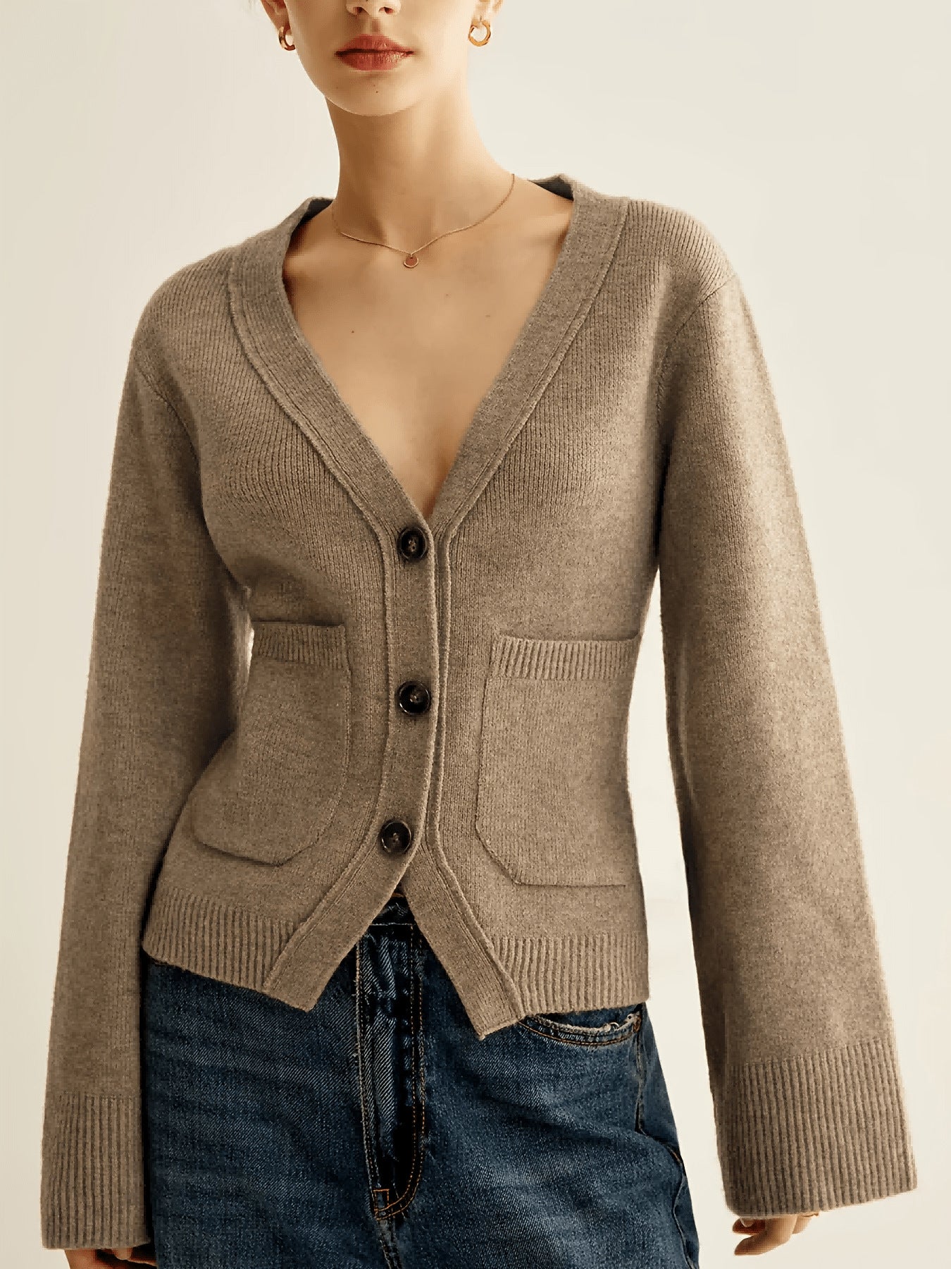 Elegant Casual Autumn/Winter Knit Cardigan Solid Color Front Button Simple Pocket Sweater Coat