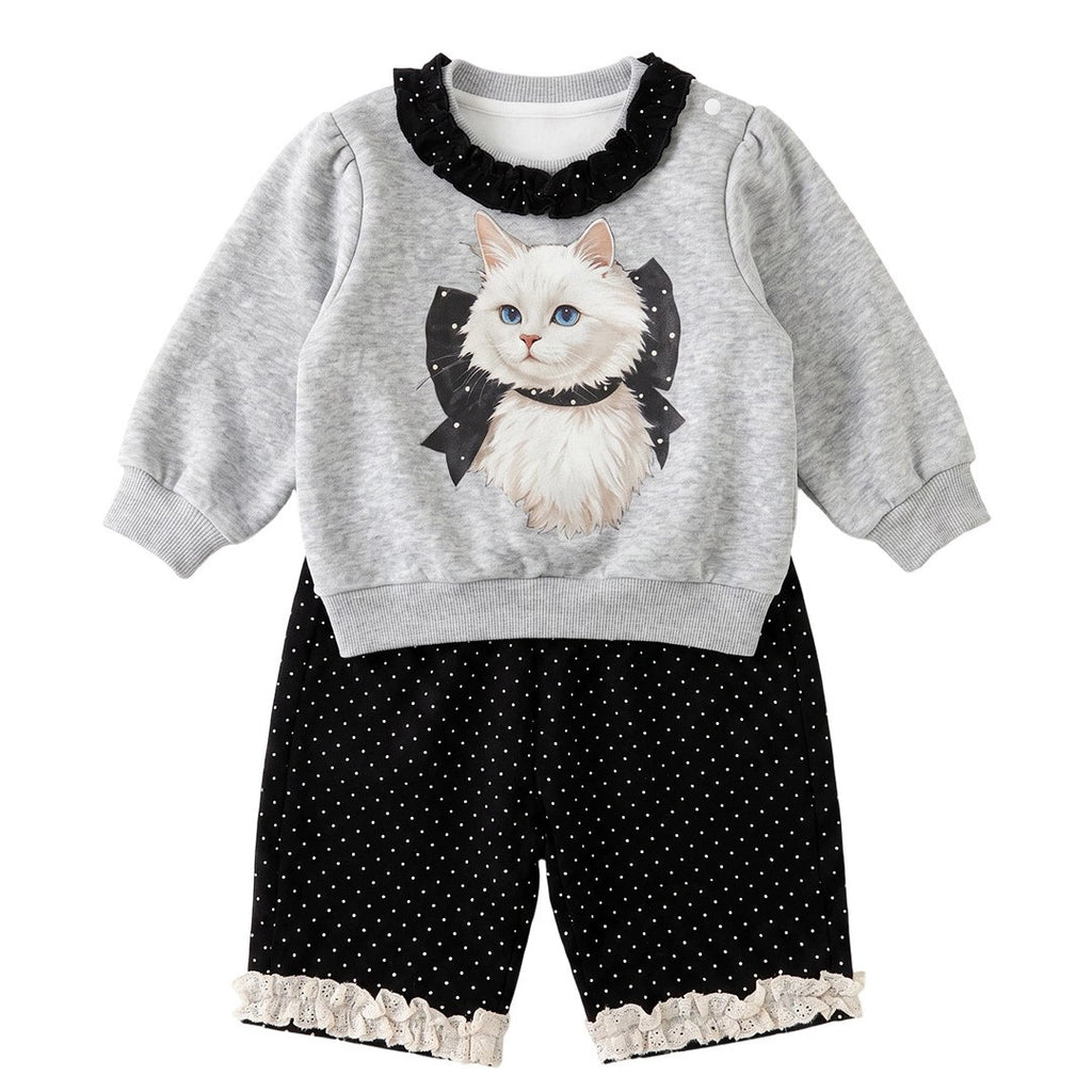 Toddler Cat Collar Sweatshirt & Polka Dot Wide Leg Pants – 2-Piece Set