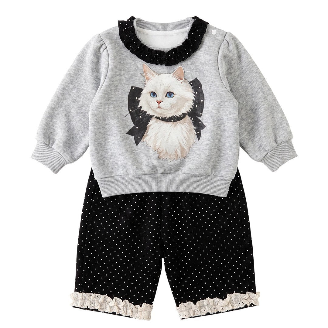Toddler Cat Collar Sweatshirt & Polka Dot Wide Leg Pants – 2-Piece Set