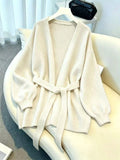 Elegant Casual Knitted Cardigan for Women, Loose Bohemian Style with Waist Tie, Autumn Winter Fashion